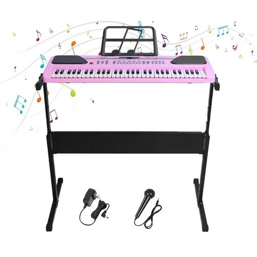 [KD06226-06230] 61 Key Electric Digital Piano Music Keyboard With Microphone Stand For Kids Beginner Birthday Christmas Gifts Pink