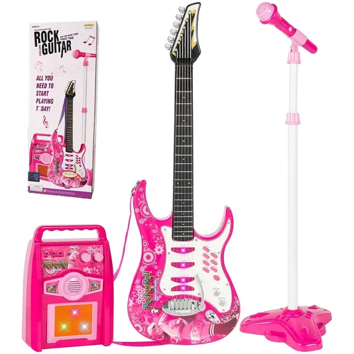 [702-QA013-PK] iMeshbean Electric Toy Guitar With Microphone Wired Amp AUX Pink