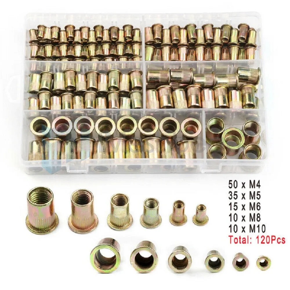 120pcs Set Rivet Nut Kit Mixed Zinc Steel Threaded Rivnut Insert ...