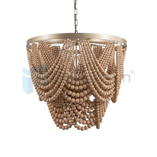 [FW09523] 4-Light Boho Draped Wood Beaded Farmhouse Chandelier Ceiling Room Light Fixture