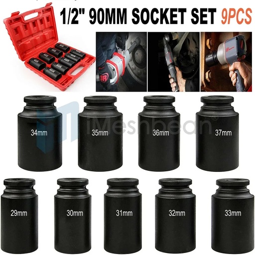 [TQ08176] 9pcs 1/2" Drive Deep Impact Socket Set Axle Hub Nut 6-Point Metric CR-V 29-38mm