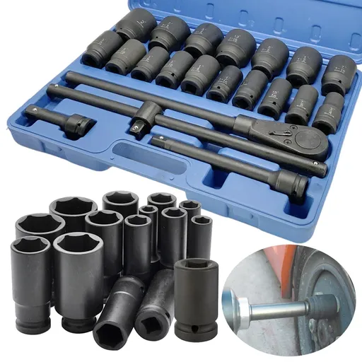 [TQ09090] 22 Pcs Impact Socket Set 3/4" Drive Deep SAE Cr-Mo Extension Bar Sliding T-Bar