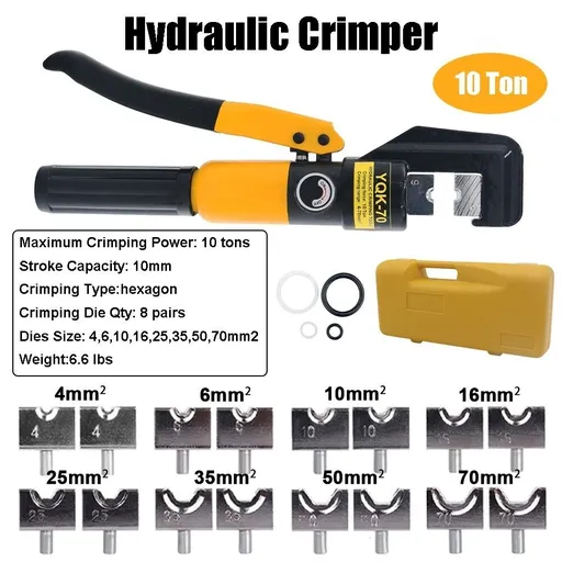 [TQ20187] 10 Ton Hydraulic Wire Battery Cable Lug Terminal Crimper Crimping Tool with 8 Dies