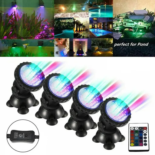 [109-PL201] Submersible 144 LED RGB Pond Spot 4 Lights Underwater Pool Fountain +IR Remote