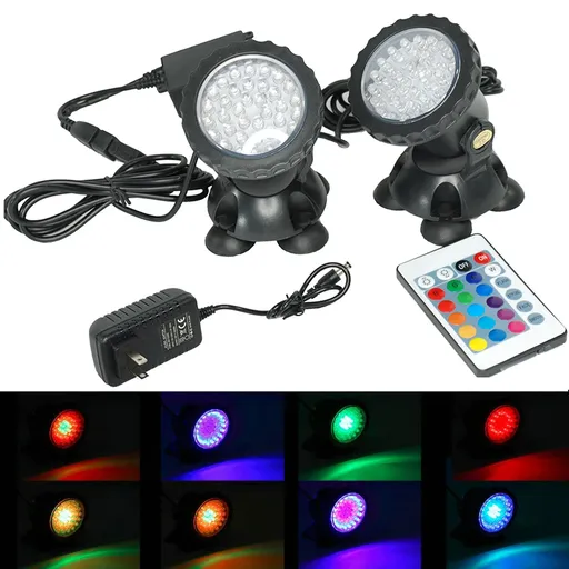 [109-PL203] Submersible 72 LED RGB Pond Spot 2 Lights Underwater Pool Fountain +IR Remote