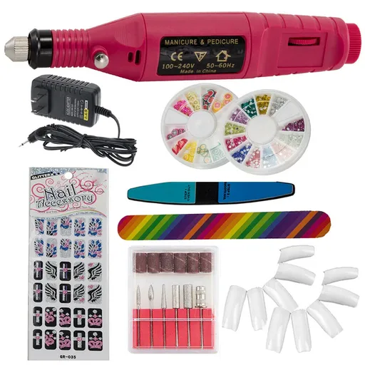 [105-2012-PK] Pink Pen Shape Electric Nail Drill Manicure Filer Kit Nail Polishing Machine Set + wheel+ French tip
