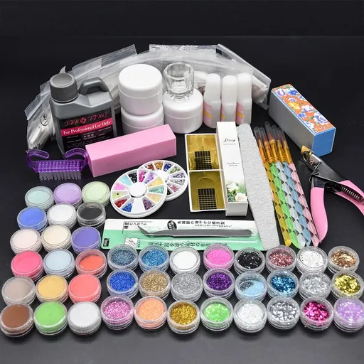[138-UL3001] iMeshbean 42pcs Nail Art Acrylic Set Powder Liquid Brush Tips Glitter Primer Clipper Kit