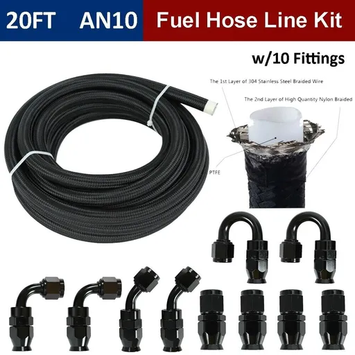 [GS20329] 10AN -AN10 Black Nylon E85 PTFE Fuel Line 20FT w/10 Fittings Hose Kit E85 NEW