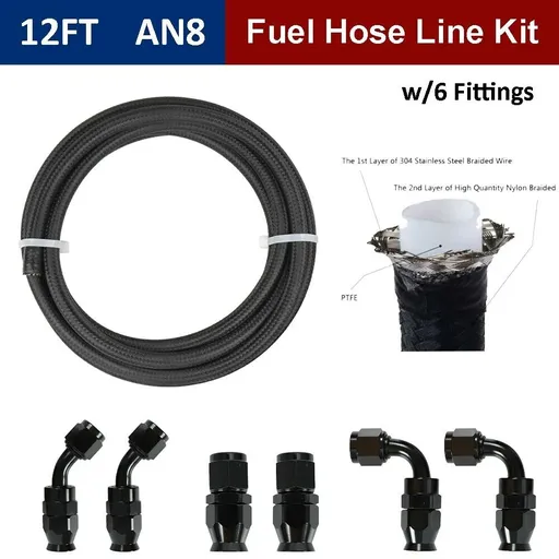 [GS20165] 8AN -8AN Black Nylon E85 PTFE Fuel Line 12FT w/6 Fittings Hose Kit E85