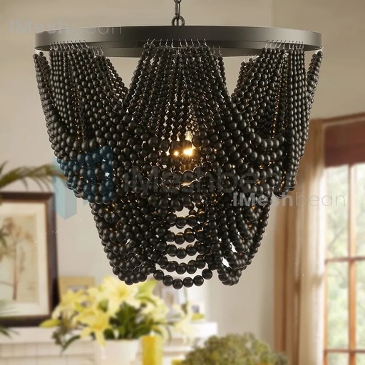 [FW20278] 26"Boho Chandelier Draped Wood Beaded Farmhouse Chandelier Ceiling Light Fixture