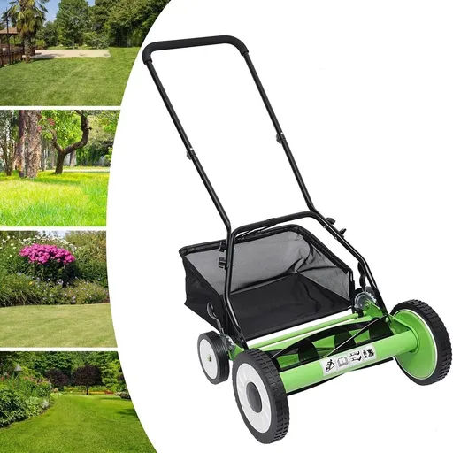 [MJ21233] Manual Reel Lawn Mower,16inch,4 Wheel w/Adjustable Cutting Height Grass Catcher