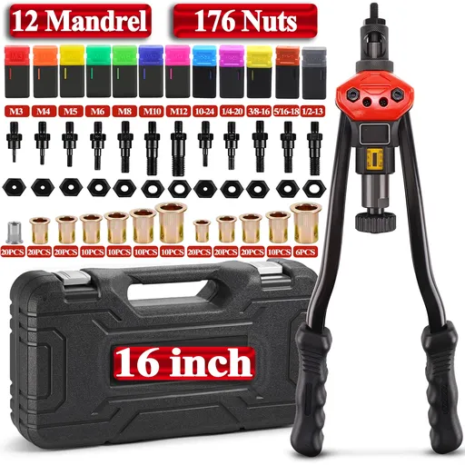 [KR22217] Rivet Nut Tool 16" Rivnut Tool Kit 12 PCS Metric & SAE Mandrels 175PC Rivet Nuts