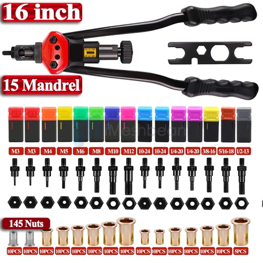 [KR22218] Rivet Nut Tool 16" Rivnut Tool Kit 15 PCS Metric &SAE Mandrels & 145PC Rivet Nut